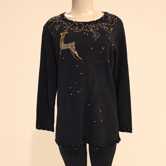 Quacker Factory Black Holiday Sweater with Gold Beaded Reindeer – Size Small - Picture 1 of 5